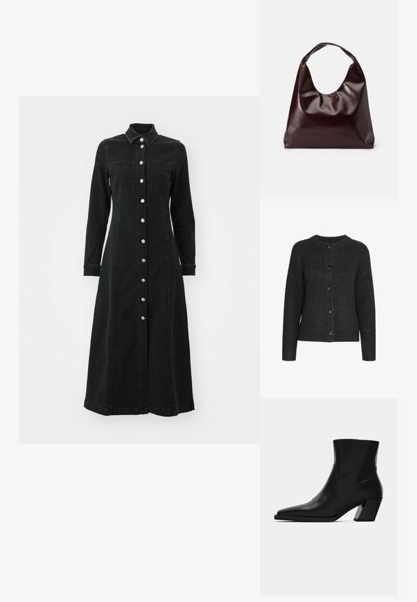 Cardigan en tricot gris foncé avec un col rond, une texture côtelée et six boutons noirs à l'avant. Manches longues avec une coupe décontractée.; Robe en denim noire à manches longues, avec un avant boutonné et deux poches poitrine. Présente une coupe ajustée et arrive au milieu du mollet.; Bottine en cuir noir avec un bout pointu, une silhouette élégante et un talon carré massif. Texture lisse avec des détails de couture minimalistes.; Sac en cuir vegan bordeaux, brillant, avec une forme douce et sculpturale et une large poignée incurvée pour un transport facile.