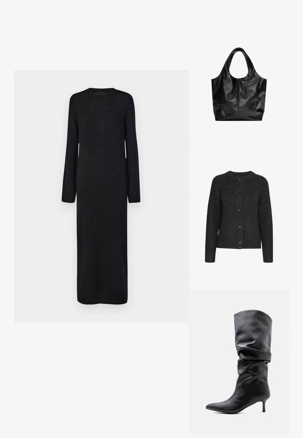 Cardigan en tricot gris foncé avec un col rond, une texture côtelée et six boutons noirs à l'avant. Manches longues avec une coupe décontractée.; Robe tricotée noire à manches longues avec un col rond et une silhouette droite, dotée de poignets et d'un ourlet côtelés pour une texture supplémentaire.; Botte en cuir noire mi-mollet avec bout pointu et talon fin, présentant un design relâché autour de la cheville.; Sac fourre-tout en cuir noir avec une texture lisse, un haut arrondi doux et de larges poignées. Présente une couture minimale et une silhouette décontractée.