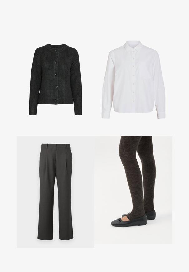 Cardigan en tricot gris foncé avec un col rond, une texture côtelée et six boutons noirs à l'avant. Manches longues avec une coupe décontractée.; Chemise blanche à manches longues, boutonnage frontal, col classique, poche poitrine unique, confectionnée dans un tissu lisse et léger avec une coupe décontractée.; Pantalons formels gris foncé avec des jambes droites, des passants de ceinture et des plis avant, présentés sur un fond blanc.; Jambes portant des leggings côtelés foncés associés à des ballerines noires avec de petits détails en nœud sur fond blanc.
