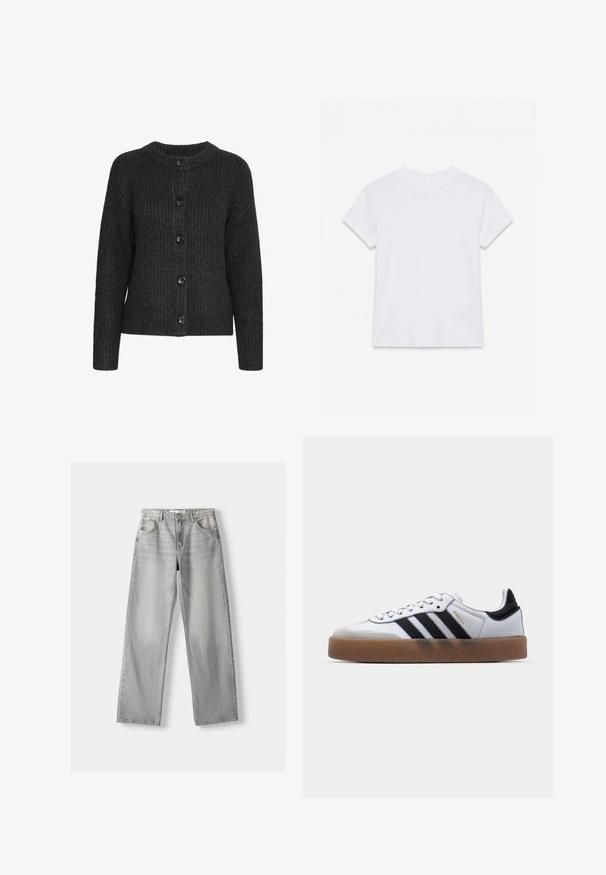 Mørkegrå strikket cardigan med rund hals, ribbet tekstur og seks sorte knapper foran. Lange ærmer med en afslappet pasform.; Hvid kortærmet t-shirt i bomuld med rund hals, lagt fladt på en hvid baggrund.; Lys grå denim jeans med lige pasform, der har to frontlommer, en knappelukning og diskrete slidser for tekstur.; Hvide lædersneakers med sorte striber, gummirubber sål, rund tå, snørelukning og blød grå ruskinds tåhætte.