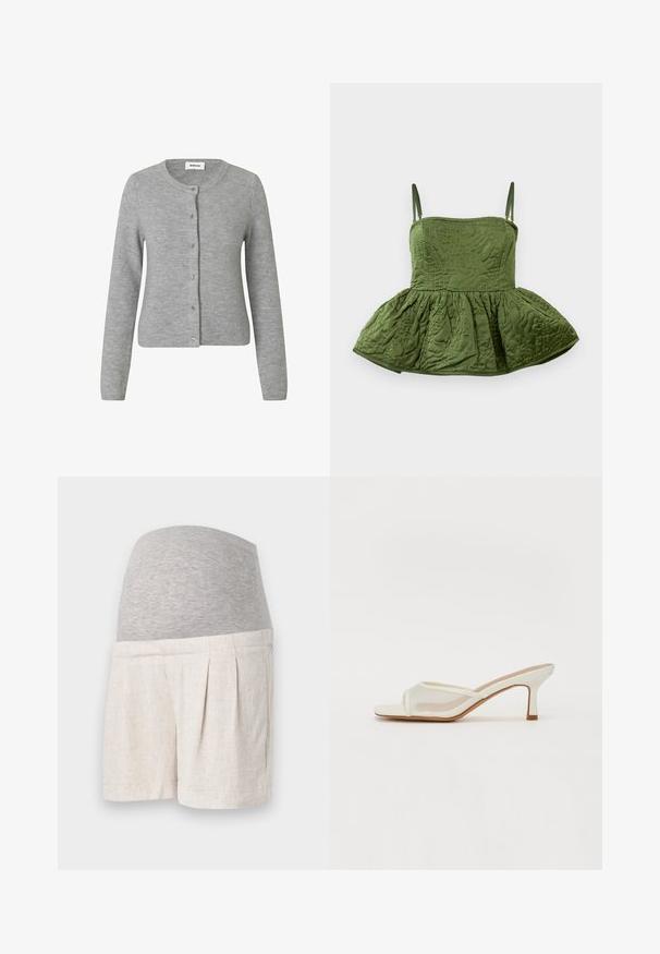 Cardigan gris en maille avec un col arrondi, des manches longues et une fermeture à boutons sur le devant. Texture douce avec des détails de couture subtils.; Top court sans manches en satin vert matelassé avec un ourlet en peplum évasé, présentant des motifs de surface raffinés et des fines bretelles réglables.; Shorts de maternité en lin beige clair, avec une taille élastique gris et des plis pour le confort et la flexibilité.; RAID TIANA - Chaussures de mariée - white