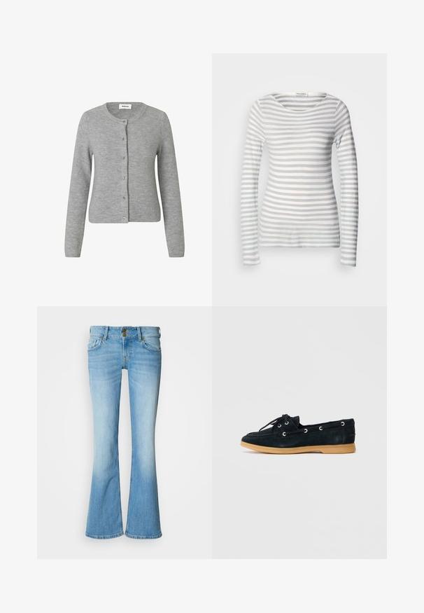 Cardigan gris en maille avec un col arrondi, des manches longues et une fermeture à boutons sur le devant. Texture douce avec des détails de couture subtils.; Haut à manches longues rayé en tissu doux, comprenant des rayures alternées de gris clair et de blanc. Encolure en scoop et design ajusté avec des manches longues.; Jean en denim clair à coupe évasée avec taille haute, doté d'une fermeture classique à boutons, de cinq poches et d'un effet délavé pour un dégradé.; Bateau en suède noir avec un bout rond, semelle en caoutchouc contrastante beige, détails en lacet et œillets en métal sur les côtés.