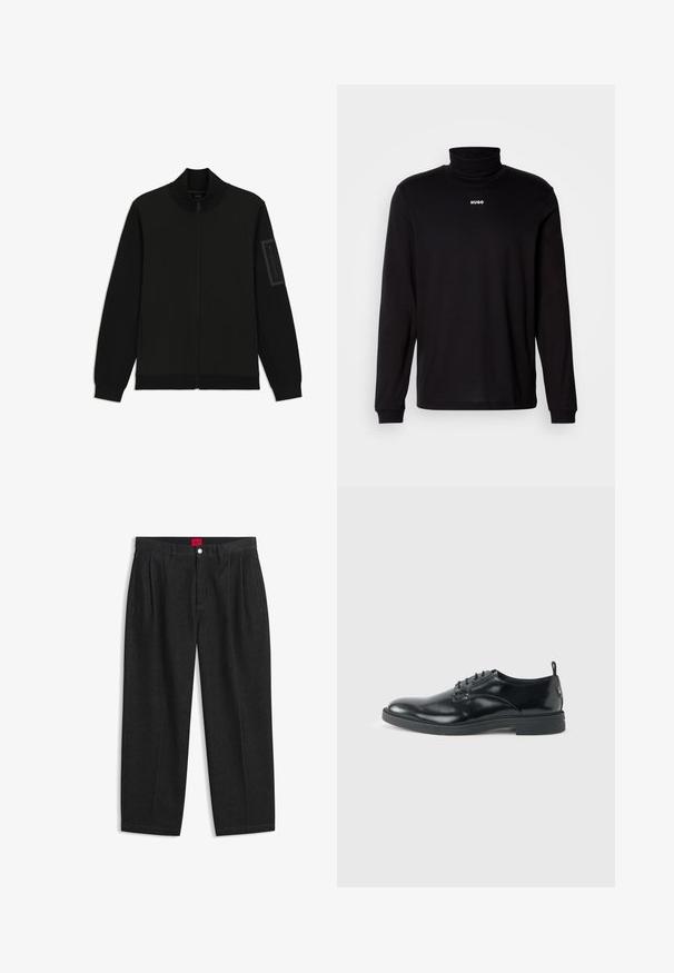 Zwarte jas met een hoge kraag, ritssluiting, zijzakken, geribbelde manchetten en een met rits afgesloten zak op de linkermouw. Gladde stoftextuur.; Zwarte turtleneckshirt met lange mouwen, gemaakt van soepel materiaal, met een witte "HUGO" logo op de borst, en met aansluitende manchetten en zoom.; Zwarte hoge taille broek met plooien aan de voorkant, ceintuurlussen, een knoop- en ritsluiting, en een rood label aan de binnenkant van de tailleband.; Glanzende zwarte lederen nette schoen met lage hak, vetersluiting en ronde neus, van opzij getoond tegen een effen lichte achtergrond.