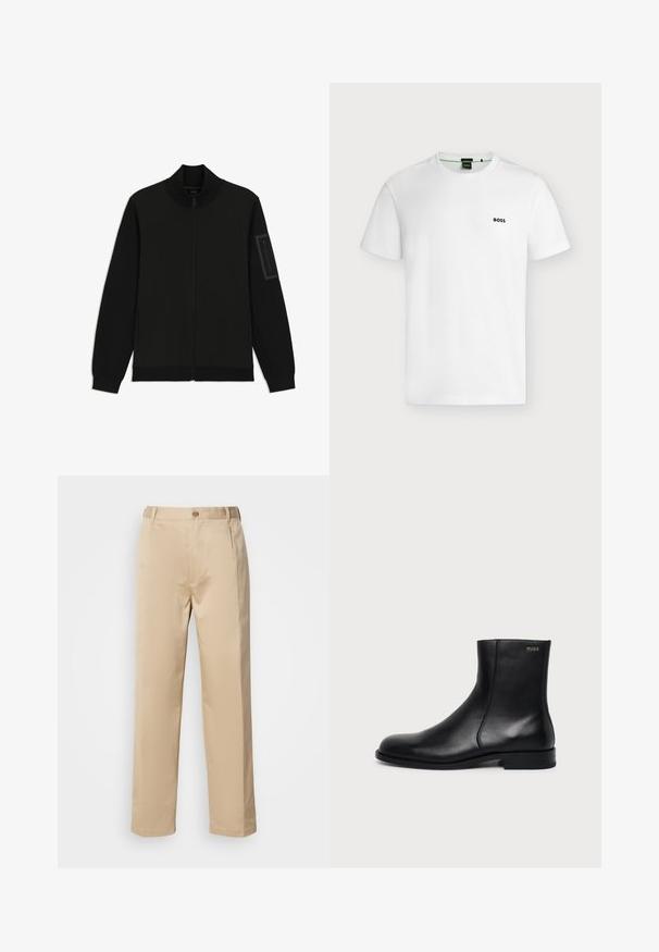 Zwarte jas met een hoge kraag, ritssluiting, zijzakken, geribbelde manchetten en een met rits afgesloten zak op de linkermouw. Gladde stoftextuur.; Effen wit T-shirt met korte mouwen en een klein zwart "BOSS"-logo op de linkerborst, getoond tegen een lichte achtergrond.; Beige broek van lichtgewicht stof, met een rechte pasvorm, tailleband met riemlussen en een enkele knoopsluiting aan de voorkant.; Zwarte leren enkellaars met lage hak, zijstiksels en klein "HUGO" logo op de bovenste boord tegen een effen achtergrond.