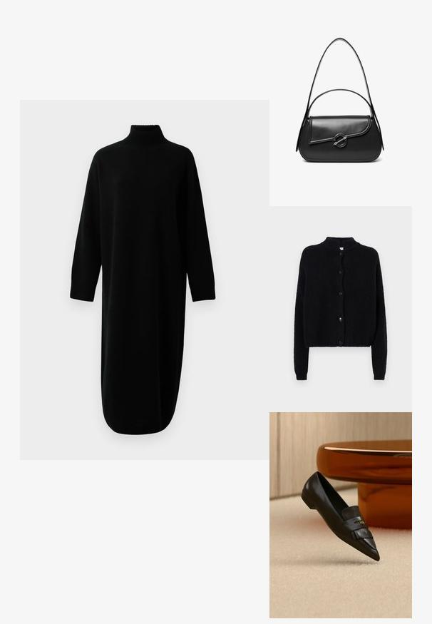Zwart gebreid vest met een ronde hals, knoopsluiting aan de voorkant en lange mouwen. Geverweven stof met een cropped zoom.; Zwarte lange mouwen coltrui gebreide midi jurk met geribbelde manchetten en zoom, gepresenteerd tegen een effen witte achtergrond.; Zwarte leren loafer met puntige neus en franjedetail, geplaatst op een beige tapijt naast een ronde oranje glazen tafel.; Zwarte leren schoudertas met een gebogen klep die is bevestigd met een ronde metalen sluiting en een smalle, verstelbare band.
