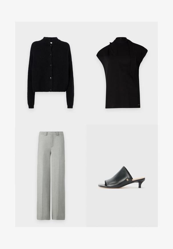 Zwart gebreid vest met een ronde hals, knoopsluiting aan de voorkant en lange mouwen. Geverweven stof met een cropped zoom.; Zwarte top met hoge hals en kapmouwen, met een asymmetrisch ontwerp en een lange nekband. Gemaakt van een gladde stof met een minimalistische uitstraling.; Grijze broek met wijde pijpen van een lichtgewicht stof, met een platte voorkant, riemlussen en schone, getailleerde lijnen zonder zichtbare patronen.; Zwarte leren open teen muiltjes met een lage hak. Heeft een glad oppervlak en een gouden logo accent aan de zijkant.