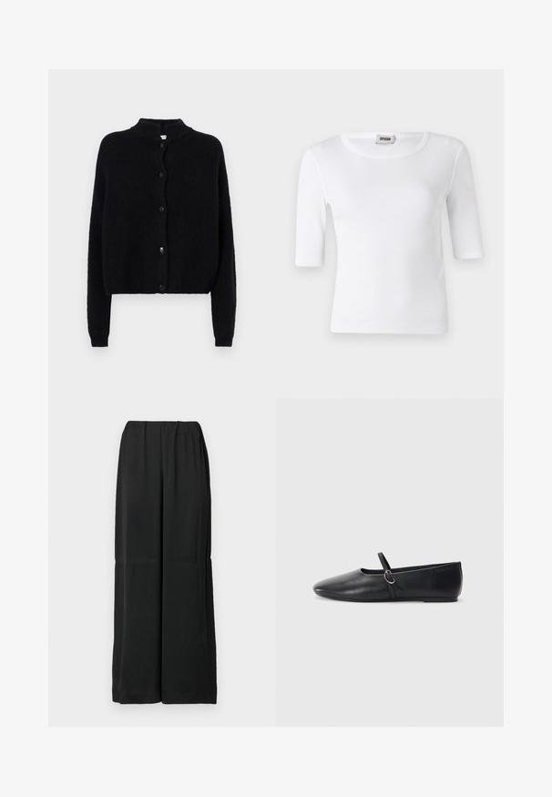 Zwart gebreid vest met een ronde hals, knoopsluiting aan de voorkant en lange mouwen. Geverweven stof met een cropped zoom.; Witte geribde T-shirt met een ronde halslijn en ellebooglange mouwen. Gemaakt van zacht materiaal met een gladde textuur. Label zichtbaar bij de halslijn.; Zwarte wijde broekspijpen gemaakt van zacht stof, met een elastische tailleband en een strak, minimalistisch ontwerp. Geen zakken of versieringen.; Zwarte leren balletschoenen met een spitse neus, platte zool en een kleine strap met een zilveren gespsluiting.