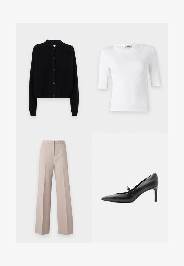 Zwart gebreid vest met een ronde hals, knoopsluiting aan de voorkant en lange mouwen. Geverweven stof met een cropped zoom.; Witte geribde T-shirt met een ronde halslijn en ellebooglange mouwen. Gemaakt van zacht materiaal met een gladde textuur. Label zichtbaar bij de halslijn.; Beige wijde broek van een soepele stof, met een hoge taille, voorkreuken en een op maat gemaakte pasvorm.; Zwarte leren pumps met puntige neus, dunne riem en gesp over de wreef, staand op een neutrale lichte achtergrond.