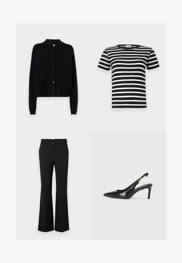 Sort strikjakke med rund hals, frontknaplukning og lange ærmer. Struktureret stof med cropped kant.; Sort-hvidstribet kortærmet t-shirt, ribbet tekstur, klassisk rund hals design, har vandrette striber i varierende bredder.; Sorte flagrende bukser med en glat tekstur, der har en tætsiddende talje og et bælte med en sølvspænde. Rent design uden synlige mønstre.; Sort læder slingback højhælede sko med spidse tæer, glat overflade og en smal ankelrem med guldfarvede hardware detaljer.