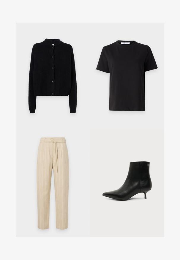 Zwart gebreid vest met een ronde hals, knoopsluiting aan de voorkant en lange mouwen. Geverweven stof met een cropped zoom.; Zwart T-shirt met korte mouwen, gemaakt van zachte katoen, met een ronde hals, een ontspannen pasvorm en een gladde textuur. Geen zichtbare patronen of opdrukken.; Beige gestreepte broek met een relaxte pasvorm, voorzien van een geplooid taille, knoopsluiting en strikceintuur, gemaakt van lichtgewicht stof.; Zwart leren enkellaars met puntige neus en lage kittenhak op lichte achtergrond, zijaanzicht buitenkant.