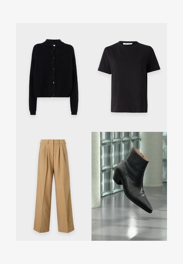 Cárdigan negro de punto con cuello redondo, cierre delantero de botones y mangas largas. Tejido texturizado con un dobladillo corto.; Camiseta negra de manga corta hecha de algodón suave, con un cuello redondo, corte relajado y una textura lisa. Sin patrones ni gráficos visibles.; Pantalones de algodón beige con una cintura alta, frente plisado, piernas anchas y una textura suave. Presenta una cinturilla estándar y pasadores para cinturón.; Botín de piel negra con puntera puntiaguda y tacón cuadrado que levita sobre un suelo gris reflectante cerca de una pared de bloques de cristal.