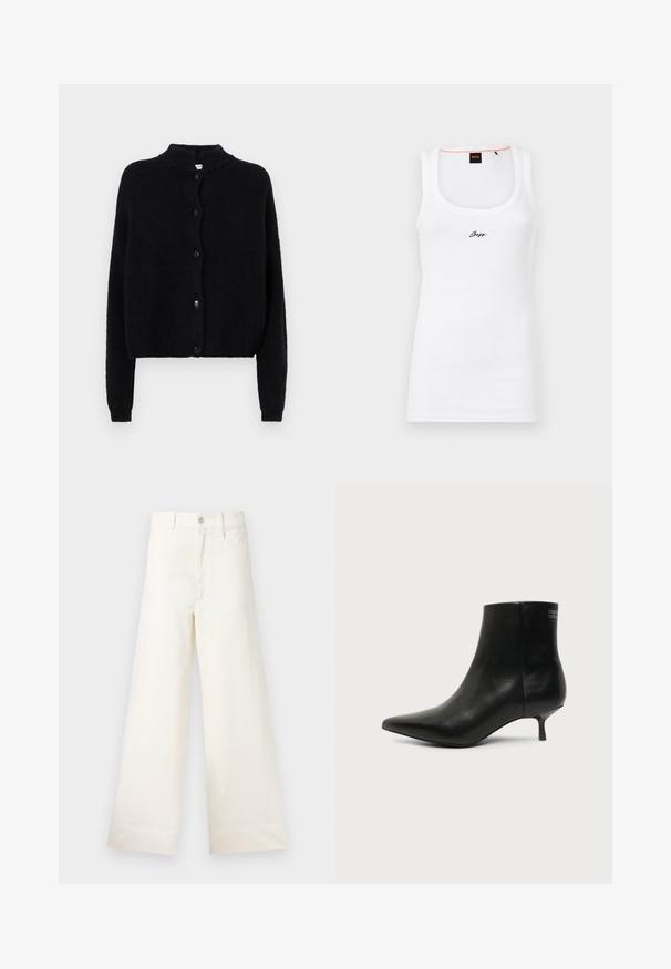 Sort strikjakke med rund hals, frontknaplukning og lange ærmer. Struktureret stof med cropped kant.; Hvid bomulds tanktop med ribbet tekstur, der har en rund halsudskæring og et lille sort broderet logo på forsiden.; Bredde benbukser i lys beige bomuld. Har høj talje, for- og baglommer samt lige pasform. Renset kantafslutning uden mønstre.; Sort læder ankelstøvle med spids tå og lav kitten hæl på lys baggrund, der viser yderside.