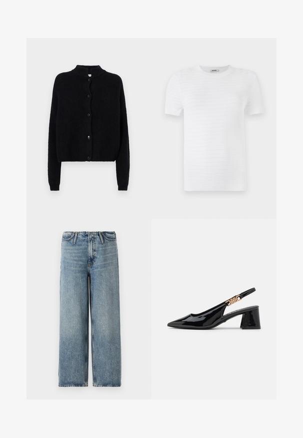 Sort strikjakke med rund hals, frontknaplukning og lange ærmer. Struktureret stof med cropped kant.; Hvid kortærmet t-shirt lavet af struktureret stof med et ribbet mønster. Designet har en rund udskæring og en lige pasform.; Lyst blå brede jeans lavet af denim, med en mellemhøj talje, klassisk fem-lomme design og subtil udtynding i hele stoffet.; Sorte patentlæder slingback pumps med spidse tæer og guldfarvet hardware på remmen, med en blokhælhøjder. Glat tekstur.