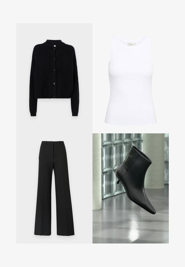 Sort strikjakke med rund hals, frontknaplukning og lange ærmer. Struktureret stof med cropped kant.; Hvid ribbet tanktop med rund halsudskæring og uden ærmer. Strækbart stof og tætsiddende design. Etiketten bagpå viser "GESTUZ."; Sorte buks med vide ben og skræddersyet design, der har en glat tekstur og subtile plisseringer foran. Ingen synlige detaljer eller mønstre.; Sort læderankelstøvle med spids tå og lav kitten-hæ, vist vinklet mod en poleret gulv- og glasblokvæg.