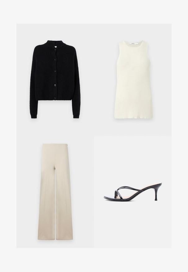 Zwart gebreid vest met een ronde hals, knoopsluiting aan de voorkant en lange mouwen. Geverweven stof met een cropped zoom.; Mouwloze crèmekleurige tanktop van ribstof, met een ronde halslijn en een aansluitend ontwerp. Geen zichtbare patronen of accenten.; Beige wijde broek van zacht materiaal met een gladde textuur. Voorzien van een hoge elastische tailleband voor comfort en een schoon, minimalistisch ontwerp.; Zwarte laklederen sandaal met hakken, dunne gekruiste bandjes en een slanke, middelhoog stilettohak op een witte achtergrond.