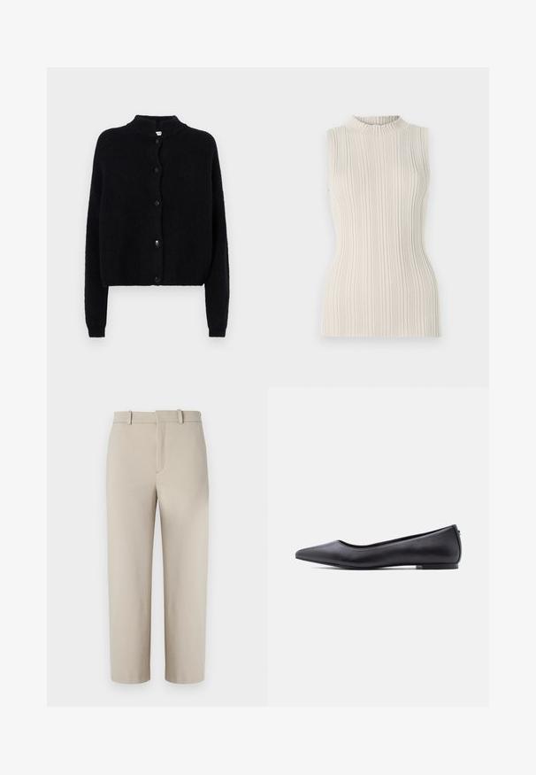 Cardigan noir en tricot avec un col rond, fermeture à boutons sur le devant et manches longues. Tissu texturé avec un bas court.; Top sans manches en beige clair, doté d'une texture côtelée et d'un col haut froncé. La silhouette cintrée met en valeur la forme.; Pantalons beiges coupés, design ajusté, devant plat avec fermeture éclair dissimulée, deux poches latérales, fabriqués en tissu en coton mélangé lisse.; Chaussure plate en cuir noire à bout pointu avec petit talon, vue de profil sur fond blanc.