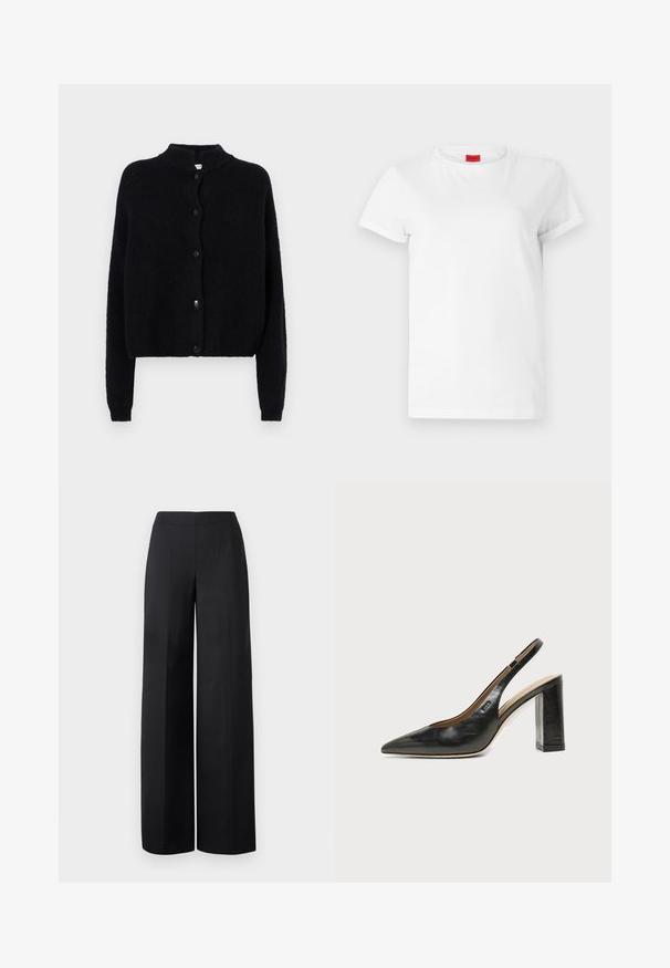 Sort strikjakke med rund hals, frontknaplukning og lange ærmer. Struktureret stof med cropped kant.; Hvid kortærmet t-shirt lavet af letvægts bomuld. Har en rund halsudskæring og rullede ærmer. Rød logoetiket på kraven.; Sorte brede benbukser lavet af glat stof. Har en høj talje og rene, lige linjer uden synlige lommer eller pynt.; Sort læder peep-toe slingback sko med høj blokhæl og beige indvendig foring mod en ensfarvet lys baggrund.
