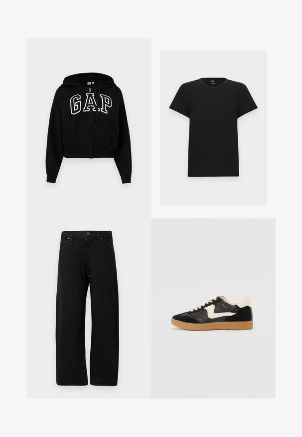 Sweat à capuche noir court avec fermeture éclair, cordons de serrage, poches avant et grand logo GAP blanc sur la poitrine.; T-shirt noir en coton à manches courtes avec col rond, vue de face, design uni, étiquette de la marque GAP à l'intérieur du col.; Jean noir à jambes droites avec cinq poches, fermeture à bouton et passants pour ceinture, présenté à plat sur un fond clair.; Baskets en daim et cuir noir avec un swoosh latéral crème et un talon crème clair. Dotées de lacets beige et d'une semelle en caoutchouc gomme.