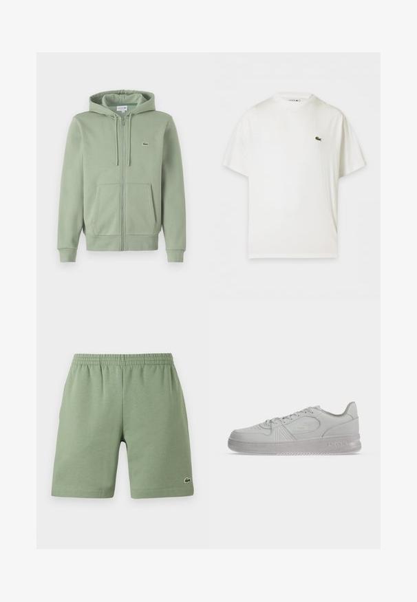 Lys grøn zip-up hoodie lavet af blødt stof. Har en hætte med snoretræk, kenguruposer og et lille logo på brystet.; Hvid kortærmet t-shirt med rund hals og lille grønt krokodillelogo på venstre bryst.; Grønne bomuldsshorts med elastisk talje, afslappet pasform og et lille broderet logo på nederste venstre side. Glat tekstur, ingen lommer.; Hvid lav Lacoste sneaker med snørebånd, præget logo på siden og tekstureret sål på en ensfarvet baggrund.