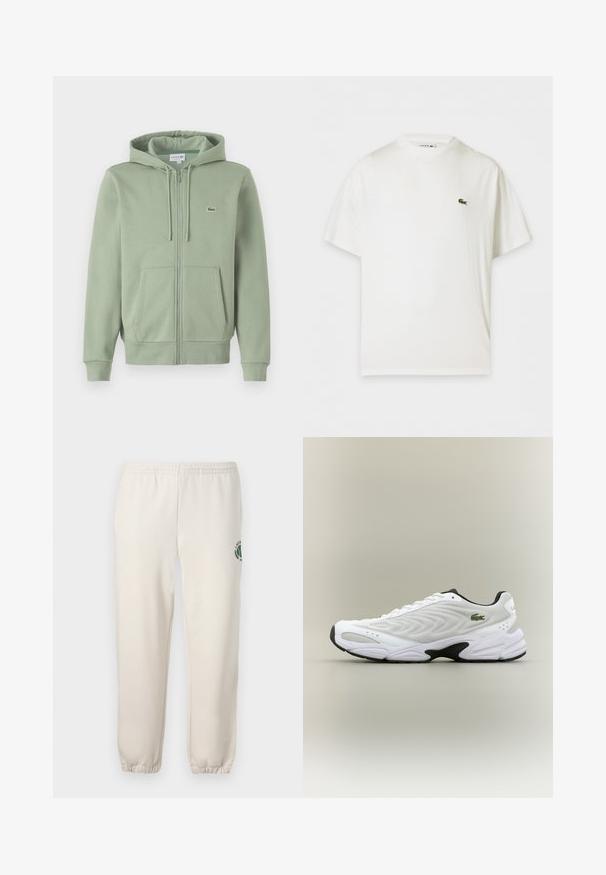 Haut à capuche zippé vert clair en tissu doux. Comprend une capuche avec cordon de serrage, des poches kangourou et un petit logo sur la poitrine.; T-shirt blanc à manches courtes avec col rond et petit logo crocodile vert sur la poitrine gauche.; Pantalon de jogging beige clair en coton, doté d'une taille élastique, de poignets en côtes et d'un logo vert avec un design de feuille sur la jambe gauche.; Baskets de sport blanches avec un dessus en mesh texturé, un design courbé et une semelle noire contrastante. Présente un logo brodé vert sur le côté.