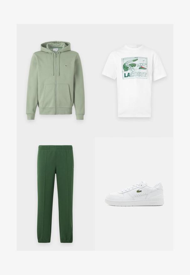 Lys grøn zip-up hoodie lavet af blødt stof. Har en hætte med snoretræk, kenguruposer og et lille logo på brystet.; Hvid T-shirt med korte ærmer med grøn og pink broderet krokodillemotiv og teksten "LACOSTE" på et ternet baggrund foran.; Grønne sweatpants lavet af blødt materiale; har en elastisk talje, tapered ben og et lille logo på siden.; Hvide lædersneakers med perforerede detaljer, flade snørebånd og et lille grønt logo på siden. Gummisål og polstret krave for komfort.