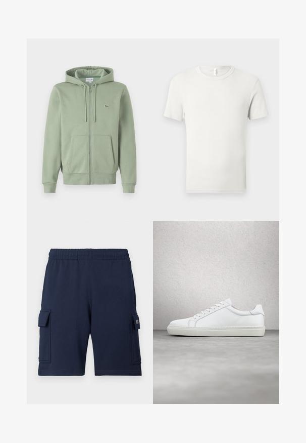 Hellgrünes Reißverschluss-Hoodie aus weichem Material. Verfügt über eine Kordelzugkapuze, Kängurutaschen und ein kleines Logo auf der Brust.; Einfaches weißes T-Shirt mit kurzen Ärmeln und Rundhalsausschnitt, flach auf einem hellgrauen Hintergrund ausgebreitet, mit einem kleinen Stoffetikett am Kragen.; Marineblaue Cargo-Shorts aus weichem Stoff, mit einem elastischen Bund, zwei Seitentaschen und einem kleinen Logoakzent auf der linken Tasche.; Weißer Sneaker mit glattem Lederobermaterial und niedrigem Profil. Verfügt über eine runde Zehenpartie, sechs Ösen und eine strukturierte Gummisohle.