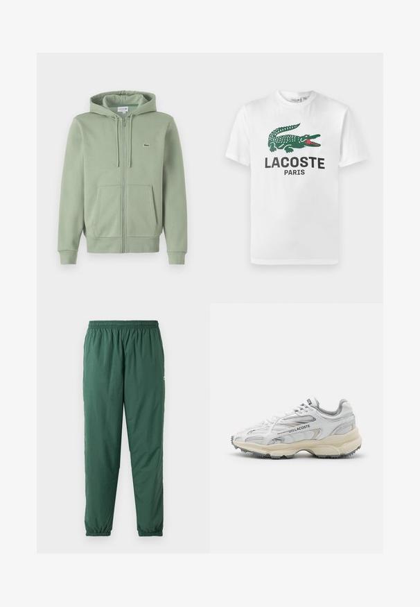 Haut à capuche zippé vert clair en tissu doux. Comprend une capuche avec cordon de serrage, des poches kangourou et un petit logo sur la poitrine.; Lacoste T-shirt imprimé - white; Pantalons verts, légers et élastiques avec une taille et des poignets froncés, fabriqués dans un matériau lisse et résistant à l'eau.; Baskets de sport blanches avec des accents gris, tige en maille et synthétique, design à lacets et semelle en caoutchouc texturée avec motifs de traction.
