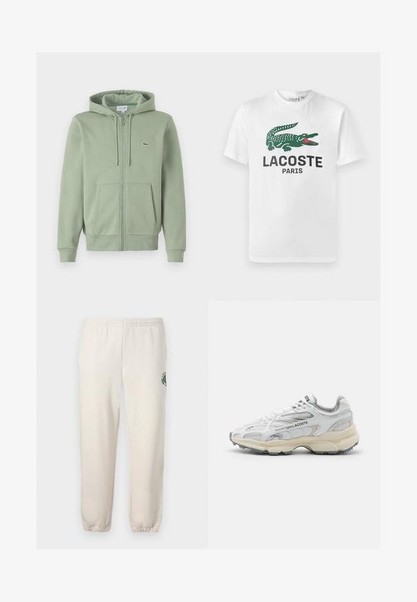 Lys grøn zip-up hoodie lavet af blødt stof. Har en hætte med snoretræk, kenguruposer og et lille logo på brystet.; Lacoste T-shirts print - white; Lys beige sweatpants lavet af bomuld, med elastisk talje, ribbede mansjetter og et grønt logo med bladdesign på venstre ben.; Hvide sportssko med grå detaljer, overdel i mesh og syntetiske materialer, snørebåndsdesign og tekstureret gummisål med grebemønstre.