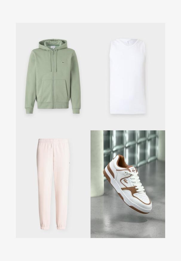 Lys grøn zip-up hoodie lavet af blødt stof. Har en hætte med snoretræk, kenguruposer og et lille logo på brystet.; Hvid ærmeløs ribbet tanktop med rund halsudskæring på ensartet lyst baggrund.; Lyserøde joggingbukser med elastik i talje og ved bukseben, vist forfra på ensfarvet baggrund.; Hvid og brun Lacoste-sneaker med snørebånd, logo og perforeringer, svævende over en poleret betongulv nær glasblokke.
