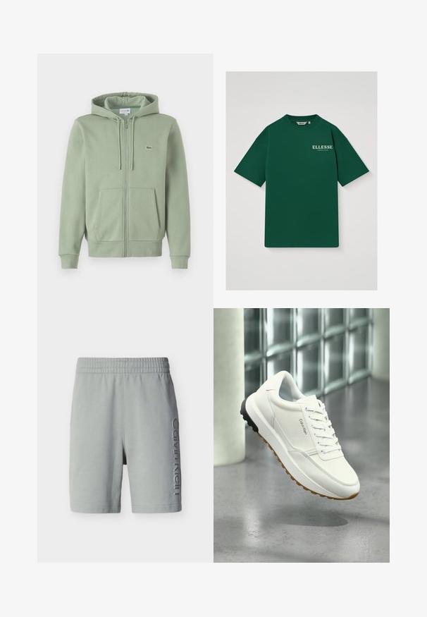 Lichtgroene rits hoodie gemaakt van zachte stof. Bevat een capuchon met trekkoord, marsupiao pockets en een klein logo op de borst.; Donkergroen T-shirt met korte mouwen, met witte tekst "ELLESSE TENNIS CLUB" op de linkerborst, ronde halslijn en middelgrote maatlabel binnenin de kraag.; Lichtgrijze knielange korte broek met elastische tailleband en verticale Calvin Klein-logo op het rechterbeen.; Witte sneaker van Calvin Klein met veters aan de voorkant en een zwarte en bruine rubberen zool, tentoongesteld in een moderne binnenomgeving met glazen blokken.
