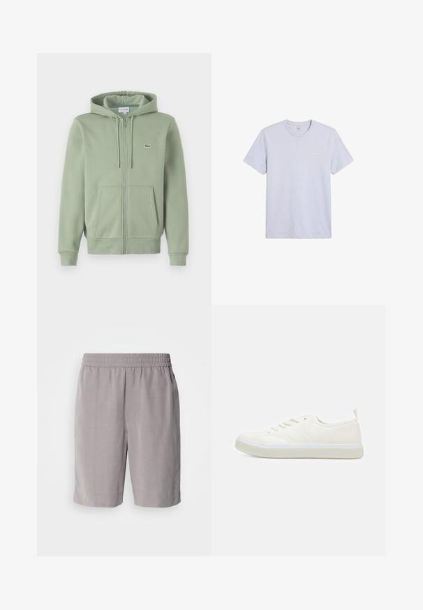 Hellgrünes Reißverschluss-Hoodie aus weichem Material. Verfügt über eine Kordelzugkapuze, Kängurutaschen und ein kleines Logo auf der Brust.; Schlichtes hellgraues T-Shirt mit kurzen Ärmeln und Rundhalsausschnitt, mit kleinem weißem Calvin Klein Logo auf der linken Brust.; Calvin Klein PULL ON - Shorts - steeple gray; Calvin Klein TOP LACE UP UNIFIT - Sneaker low - salt bay