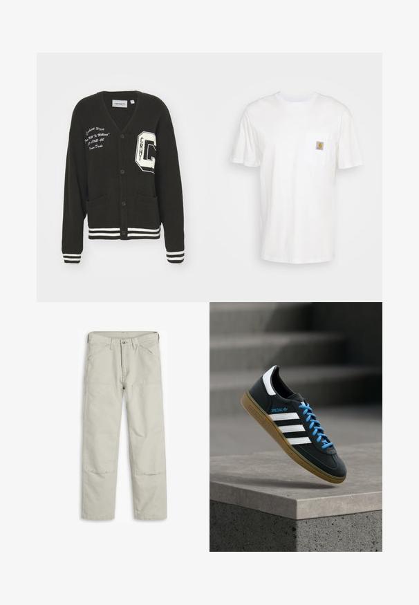 Cárdigan negro con escote en V, frente abotonado, dos bolsillos, acentos blancos y detalles de logo bordado en el pecho y la manga. Material de lana.; Camiseta de algodón blanca con mangas cortas, un bolsillo en el pecho y un pequeño parche cuadrado de logo en naranja y blanco en el bolsillo.; Pantalones de algodón gris claro con corte recto, múltiples bolsillos, rodilleras reforzadas y detalles de costura en contraste.; Zapatilla negra Adidas con franjas blancas, cordones azules y suela de goma flotando sobre un escalón de hormigón gris con luz suave.