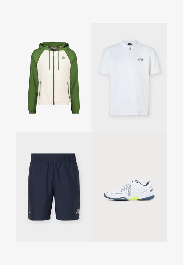 Kapuzenshirt mit weißem Körper und grünen Ärmeln, durchgehendem Reißverschluss auf der Vorderseite, zwei seitlichen Reißverschlusstaschen und elastischen Bündchen. Glatte Stoffoberfläche.; Weißes Polohemd mit kurzen Ärmeln, einem Viertel-Reißverschluss und EA7 Emporio Armani-Logo auf der linken Brust sowie Kragenetikett.; Marineblaue Herren-Sportshorts mit elastischem Bund und weißem Logo am linken Saum, dargestellt vor einfachem hellem Hintergrund.; Weißer Sportschuh mit dunkelgrauer Sohle, hellgelbem Akzent, schwarzem gestreiftem Design und EA7-Logo an der Seite, auf einfachem Hintergrund dargestellt.