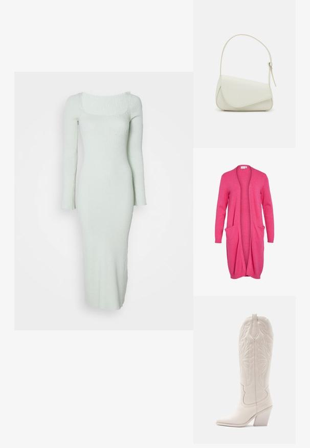 Langer, offen front cardigan in strahlendem Pink. Aus weichem Stoff mit gerippten Bündchen und zwei vorderen Taschen. Lässige, lockere Passform.; Rippiertes, langärmliges Kleid in hellem Mintgrün mit quadratischem Ausschnitt und figurbetonter Silhouette, das bis zur Mitte der Waden reicht.; Weiße Leder-Cowboystiefel mit spitzer Zehe und blockiertem Absatz. Sie verfügen über aufwendige Steppmuster am Schaft und eine glatte Textur.; Weiße Kunstleder-Handtasche mit einer strukturierten dreieckigen Form, einem verstellbaren Einzelgurt und einem Klappenverschluss mit geschwungenen Akzenten.