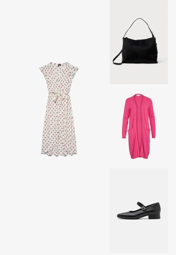 Langer, offen front cardigan in strahlendem Pink. Aus weichem Stoff mit gerippten Bündchen und zwei vorderen Taschen. Lässige, lockere Passform.; Weißes Midikleid zum Wickeln mit flatternden Ärmeln, gebundener Taille und durchgehend rotem Kirschmuster.; Schwarze Leder-Mary-Jane-Schuhe mit einer patentierten Zehenkappe, verstellbarem Knöchelriemen und niedrigem Blockabsatz. Glatte Textur und elegantes Design.; Schwarze Schultertasche mit einer glatten, strukturierten Oberfläche, ausgestattet mit einem einzigen Schulterriemen und einem oberen Reißverschluss. Kompakte rechteckige Form.
