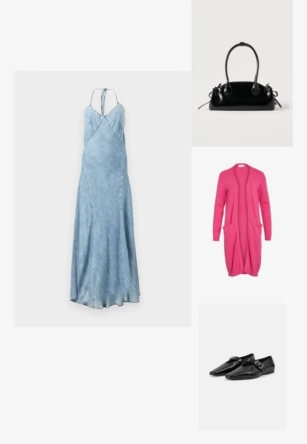 Lange, open voorkant cardigan in felroze. Gemaakt van zachte stof met ribgebreide manchetten en twee voorzakken. Casual, relaxte pasvorm.; Denim jurk met een lichtblauwe tint, voorzien van spaghettibandjes, een A-lijn snit en subtiele plooitjes langs de buste. Lange, vloeiende silhouet.; Paar zwarte lakleren platte schoenen met puntige neuzen en een gespenriem over de bovenkant, getoond op een effen lichte achtergrond.; Kleine zwarte glanzende handtas met twee lange hengsels en zijkant trekkoord details op een effen lichte achtergrond.