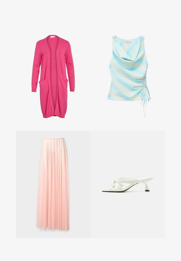 Lange, open voorkant cardigan in felroze. Gemaakt van zachte stof met ribgebreide manchetten en twee voorzakken. Casual, relaxte pasvorm.; Mouwloze lichtblauwe en witte tie-dye top met watervalhalslijn en verstelbare geplooide zijkantstouw.; Lange, geplooide, lichtroze chiffonrok met een elastische tailleband, getoond tegen een effen witte achtergrond.; Witte sandaal met hak met geknoopte meerdere dunne bandjes en een slanke hak van gemiddelde hoogte op een effen lichte achtergrond.
