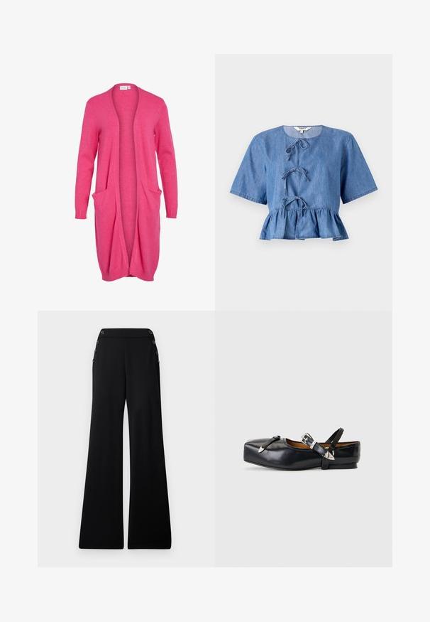 Lange, open voorkant cardigan in felroze. Gemaakt van zachte stof met ribgebreide manchetten en twee voorzakken. Casual, relaxte pasvorm.; Blauwe denim blouse met korte mouwen, ronde hals, knoopsluiting aan de voorkant en een peplumzoom. Soepele textuur met een casual ontwerp.; Zwarte wijde broek met hoge taille en decoratieve knopen langs de bovenste zijnaad, weergegeven op een witte achtergrond.; Zwarte leren platte schoen met vierkante neus, twee zilveren gespslinten en een lage hak op een lichtgrijze achtergrond.