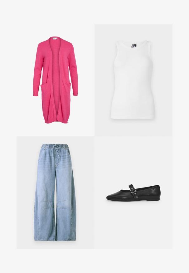 Lang åben cardigan i lys pink. Fremstillet af blødt materiale med ribbede manchetter og to frontlommer. Casual, afslappet pasform.; Hvid ribbet tanktop med rund halsudskæring og ærmeløst design, lavet af en blød bomuldsblanding med en tætsiddende silhuet.; Lysblå denim bukser med vid ben, elastisk talje og snøre, med forlommer og korsstikdetaljer ved knæene.; Sorte læder flade sko med rund tå, et enkelt justerbart spænde og en glat, blank overflade. Minimalistisk design med en lav hæl.