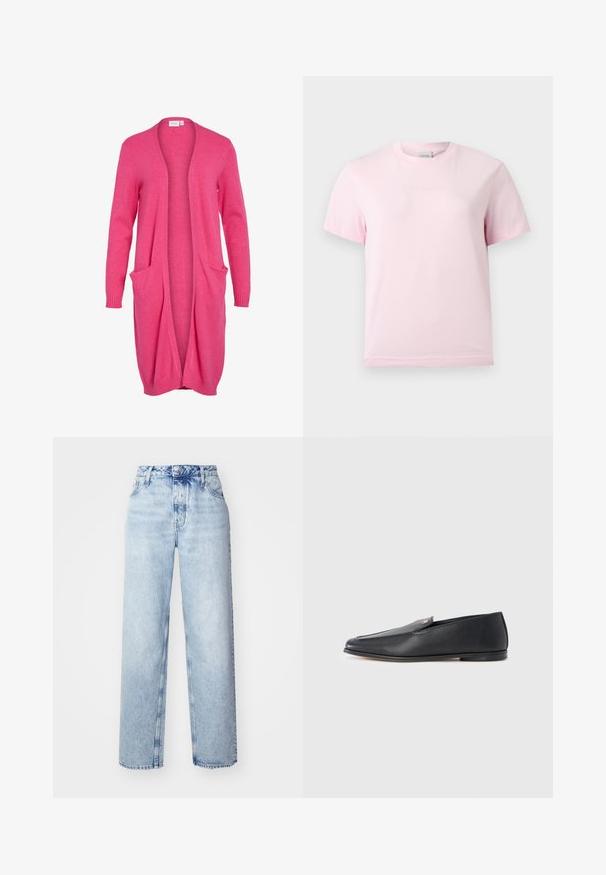 Pikk avatud ees oleva kardigan heas roosas. Valmistatud pehmest kangast, millel on soonikkoes varrukad ja kaks eesmist taskut. Casual ja lõdvestunud lõige.; Heledalt roosa lühikeste varrukatega ümarakaelusega T-särk, mille rinnal on peenelt reljeefne "Calvin Klein" logo.; Heledad sinised kõrge vöökohaga teksad, millel on lobed lõiked, sirged põlved, viis taskut ja klassikaline nööbiga ja tõmblukuga sulgemine.; Mustad nahast loafersid, millel on sile tekstuur, ümar ninaga ja õrnad õmbluse detailid. Ülaosas on kuldne logo-aksent.