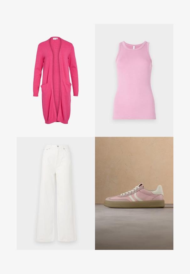 Pikk avatud ees oleva kardigan heas roosas. Valmistatud pehmest kangast, millel on soonikkoes varrukad ja kaks eesmist taskut. Casual ja lõdvestunud lõige.; Roosa tank top sobiva disainiga, ümmarguse kaelusega ja soonikkoes. Mustri ega aktsentideta.; Valged kõrge vöökohaga laiad teksad, mis on valmistatud denimist. Omab ees küljetaskuid, nööbikinnitust ja vigastatud serva detaile.; Roosa toss nahast pealiskihiga, kreemjad aktsendid, tekstuuriga päkasaal ja valged paelad. Lihtne disain külgtriipudega.