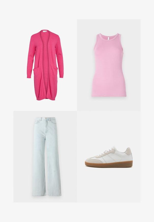 Lang åben cardigan i lys pink. Fremstillet af blødt materiale med ribbede manchetter og to frontlommer. Casual, afslappet pasform.; Rosa tanktop med en tætsiddende design, der har en rund halsudskæring og ribbet tekstur. Ingen mønstre eller accenter til stede.; Lysblå vid bukser med høj talje, lavet af denimstof. Har en lukning med knap og lynlås samt forlommer.; Hvide lædersneakers med beige ruskindsdetaljer, struktureret tunge og gummisål. Har hvide snørebånd og diskrete stikninger.