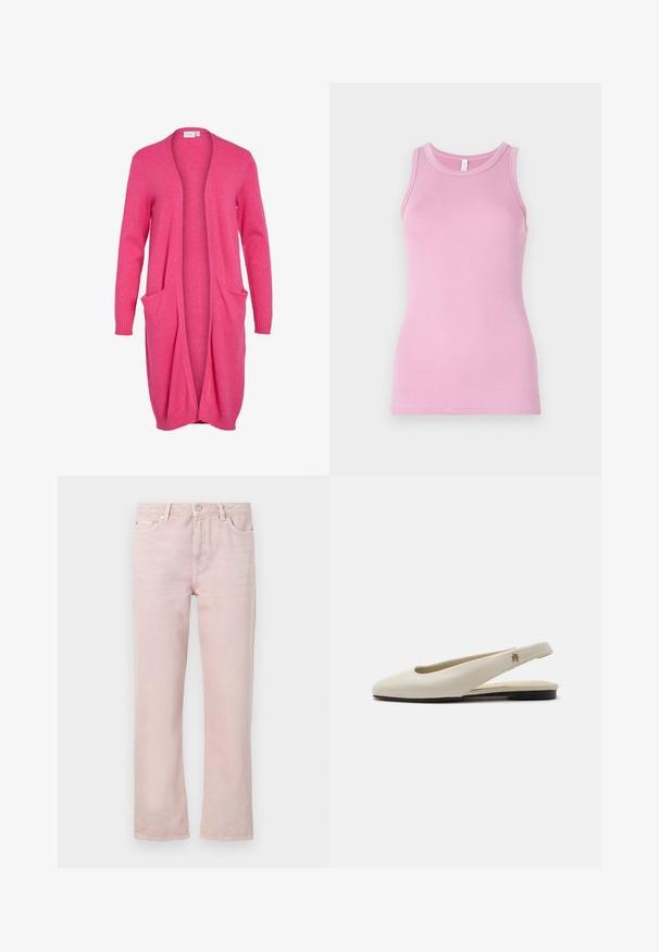Lange, open voorkant cardigan in felroze. Gemaakt van zachte stof met ribgebreide manchetten en twee voorzakken. Casual, relaxte pasvorm.; Roze tanktop met een aansluitend ontwerp, voorzien van een ronde halslijn en ribbeltextuur. Geen patronen of accenten aanwezig.; Lichtroze denim jeans met een recht model, vijf zakken en een ritsopening. Bevat stiksel details en accenten in zilverkleurig metaal.; Crèmekleurige leren slingback platte schoen met ronde neus en klein gouden embleem op het bandje.
