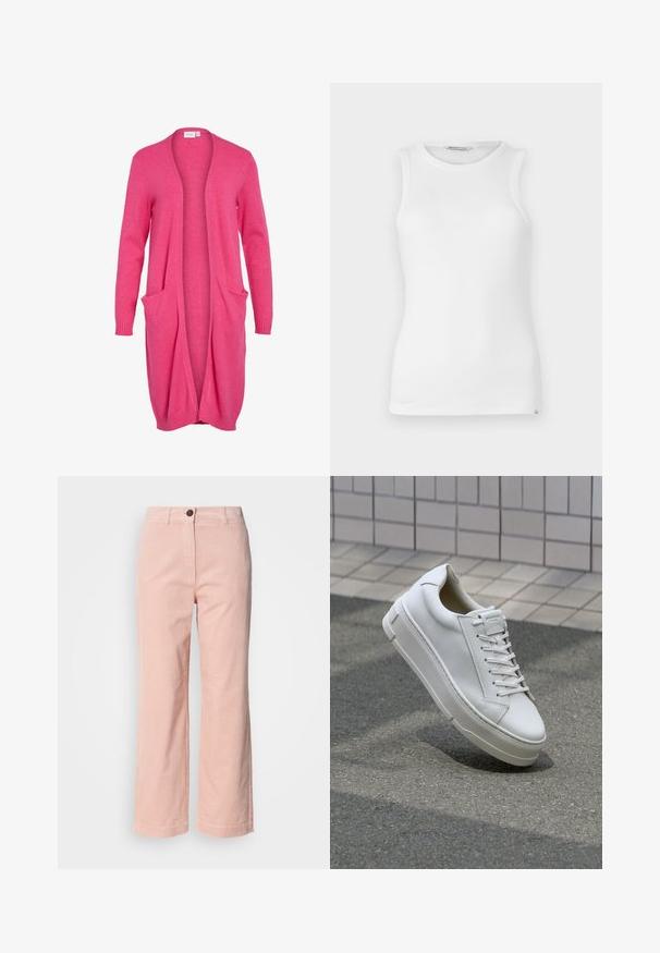 Lange, open voorkant cardigan in felroze. Gemaakt van zachte stof met ribgebreide manchetten en twee voorzakken. Casual, relaxte pasvorm.; Witte mouwloze ribbed tanktop met een ronde halslijn, een gladde textuur en een klein merklabel aan de zijkant onderaan.; Lichtroze corduroy recht gesneden broek met riemlussen, sluiting met voorknop en zonder zichtbare zakken.; Witte leren sneaker met een low-top ontwerp, platte veters, ronde neus en textuur zijden. Dikke rubberen zool met subtiele accenten.