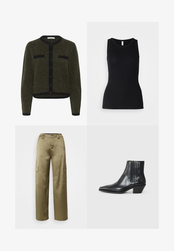 Olivgrüner Cardigan aus strukturiertem Stoff, mit Rundhalsausschnitt, Vorderknöpfen und zwei schwarzen Aufgesetzttaschen.; Schwarzes ärmelloses Tanktop aus geripptem Stoff, mit rundem Ausschnitt und figurbetontem Design, glatter Textur und ohne Muster.; Olivgrüne Cargo-Hose mit weitem Bein, ausgestattet mit zwei seitlichen Taschen, einem strukturierten Stoff und einem taillierten Bund mit Gürtelschlaufen.; Schwarze Leder-Ankle-Boots mit spitzem Zehenbereich, seitlichen elastischen Einsätzen mit vertikalen Rillen und einem niedrigen Blockabsatz. Glatte Textur und elegantes Design.