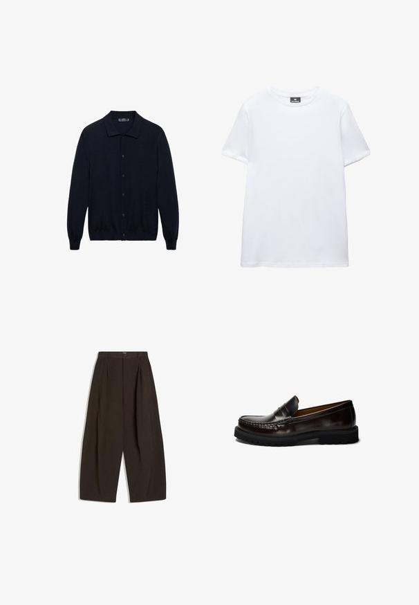 Marineblauwe cardigan van zachte stof met een kraag, lange mouwen en een knoopsluiting aan de voorkant. Eenvoudig ontwerp zonder patronen.; Effen wit kortärmelig katoenen T-shirt met ronde hals en zwart Pull&Bear merklabel binnenin de kraag.; Broek van donkerbruin stof, met een losse pasvorm, geplooide voorkant, brede pijpen en een knoopsluiting bij de tailleband.; Bruine leren loafer met een gladde afwerking, opvallende stiksels en een lage rubberen zool met een profiel voor grip.