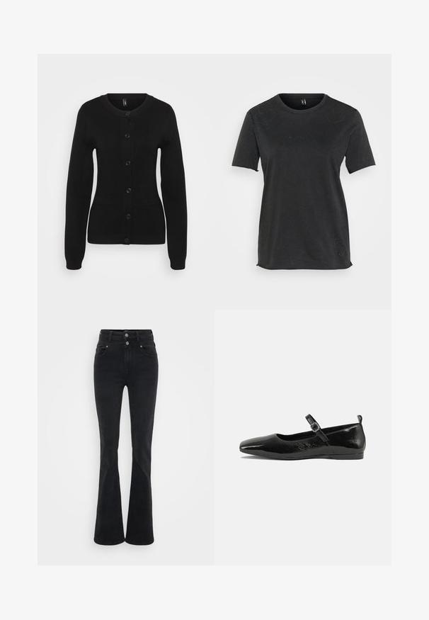 Cardigan noir en tricot. Il présente des manches longues, un col rond, une fermeture à boutons sur le devant et deux poches avant. Texture lisse.; T-shirt noir à manches courtes en coton avec des accents de strass en forme de cœur sur le devant. Encolure ronde et coupe décontractée.; Jean évasé noir en denim, avec une taille haute, deux boutons et des poches avant. Le tissu a une texture lisse avec une légère élasticité.; Chaussure plate en cuir verni noir avec un bout pointu, une sangle de cheville avec boucles, et une texture lisse et brillante. Talon bas pour le confort.