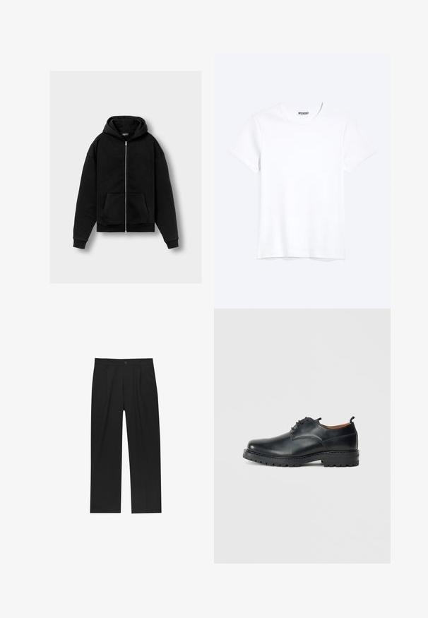 Haut zippé noir en tissu doux, avec une poche avant, une capuche spacieuse et des poignets et un ourlet côtelés. Marquage subtil sur la manche.; T-shirt blanc uni à manches courtes et col rond avec une étiquette de la marque WEEKDAY visible au niveau du col, présenté sur un fond clair.; Pantalons noirs au design droit, fabriqués à partir d'un tissu lisse. Dotés de plis sur le devant et d'une fermeture à un bouton à la taille.; Chaussures derby en cuir noir avec une texture lisse, bout rond, design à lacets et une semelle en caoutchouc épaisse et robuste.