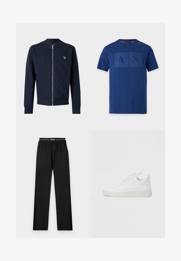 Veste bleu marine zippée avec manches longues, poignets et col côtelés, et un petit logo animalier multicolore brodé sur la poitrine.; T-shirt bleu à manches courtes avec un motif géométrique et de grandes lettres "A" et "X" dans des carrés sur la poitrine.; Pantalons noirs à coupe décontractée, taille élastique, cordon de serrage ajustable et poches latérales. Fabriqués en tissu lisse sans motifs.; Baskets en cuir blanc avec un embout arrondi, une semelle plate et un laçage à l'avant. Présentent des détails de couture et un col rembourré pour plus de confort.