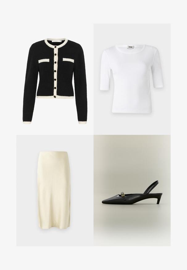 Sort, fuzzy cardigan med en hvid knapstolpe og lommedetaljer. Udstyret med sorte knapper og et cropped design med lange ærmer.; Hvid ribbet T-shirt med rund halsudskæring og ærmer til albuerne. Fremstillet af blødt stof med en glat overflade. Etiketten er synlig ved halsudskæringen.; Satin midi-nederdel i lys gul med en glat tekstur, der har en sideslids og et lige snit. Enkel og elegant silhuet.; Sort læder slingback med kitten heel, spids tå og lille guldfarvet spænde på en ensfarvet baggrund.